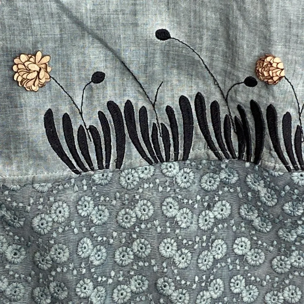 Linen Lagenlook Cottagecore Size XL Ombre Green Floral Tunic Button Front Top